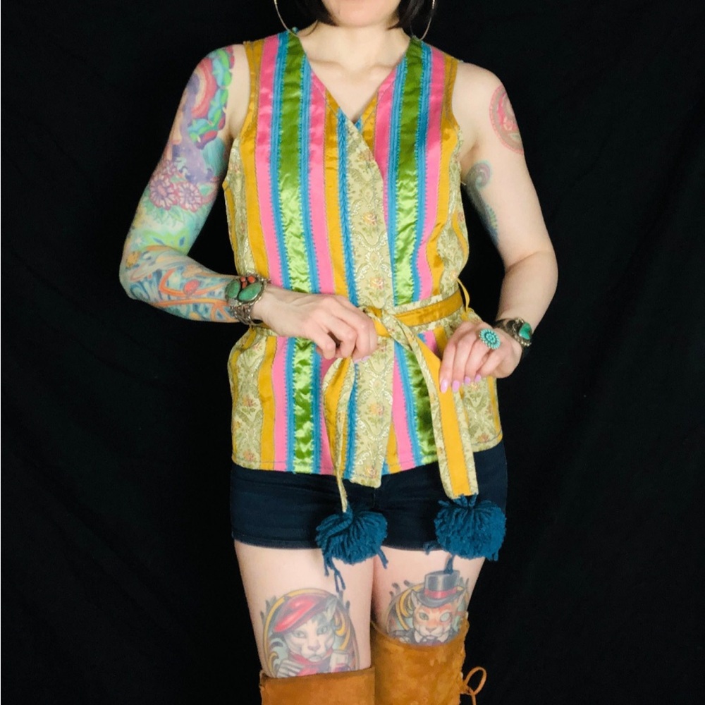 Vintage 1970's Striped Patchwork Quilted Embroidered Festival Hippie Vest